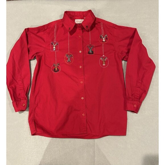 Vtg Basic Editions Button Front‎ Christmas Shirt Reindeer Ornaments Holly Small - Picture 8 of 10